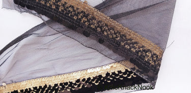 Black Net Lace With Glossy Black And Glitter Gold Sequins, Black Trim, Approx. 16cm wide